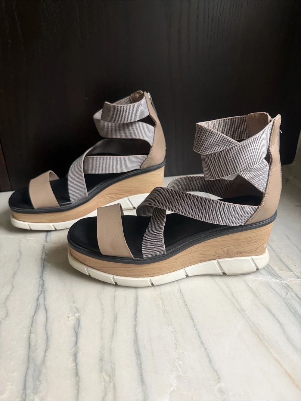Sorel Taupe Strappy Wedge Sandals with Wood-Look Platform